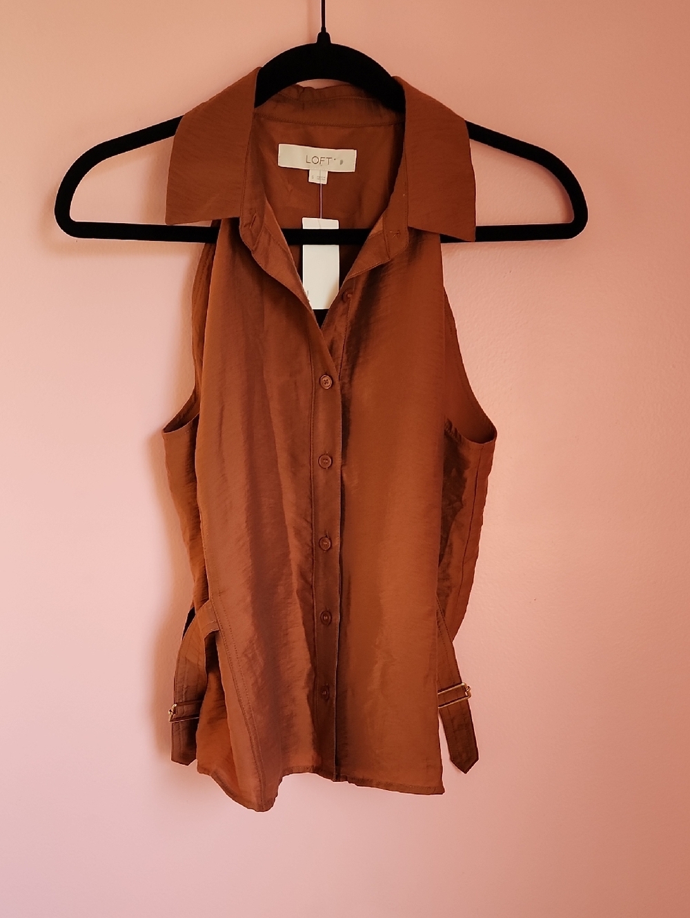 LOFT Sleeveless Button-Front Rust Brown Collared Top